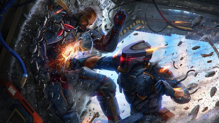 Two armored figures fighting amidst debris