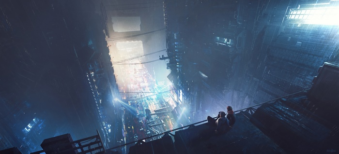 Two people sitting on a ledge overlooking a futuristic city