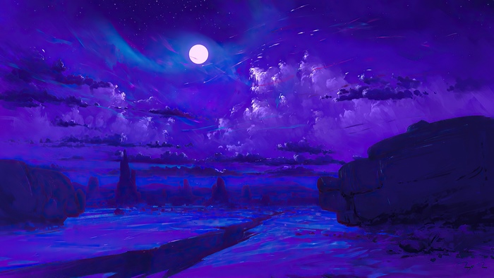 Digital Art of a Purple Night Sky with Moon and Clouds