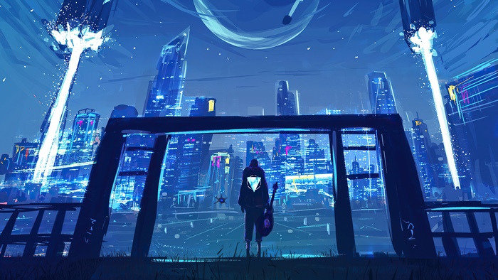 Person with guitar in futuristic city at night