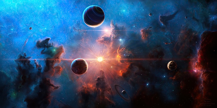Digital art of a vibrant nebula with planets