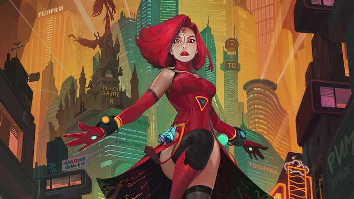 Woman in red outfit in futuristic city