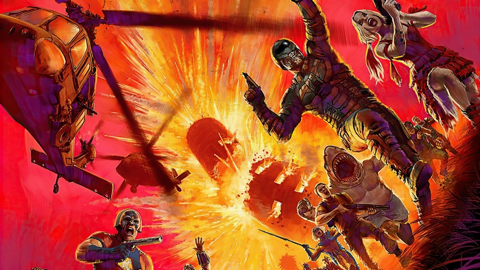 The Suicide Squad characters in action with explosions