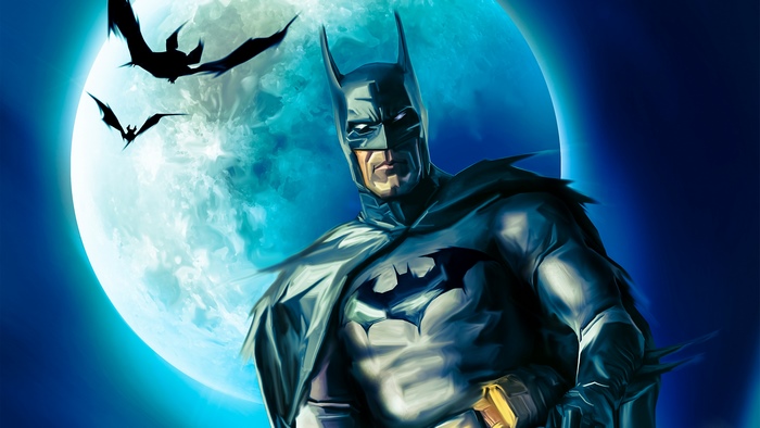 Batman in front of a large moon with bats flying