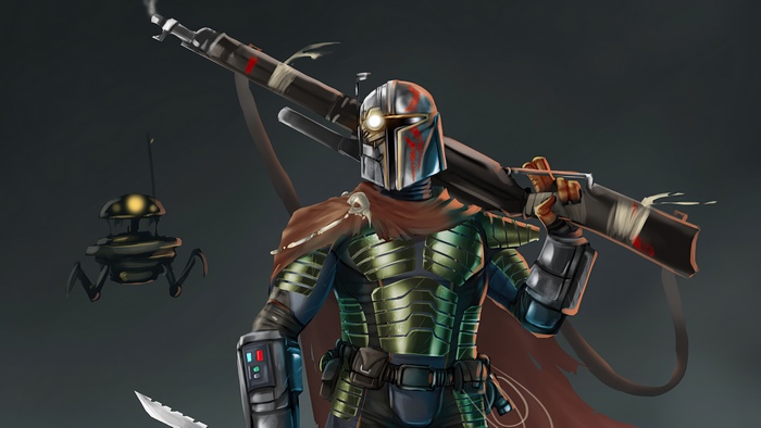 The Mandalorian with a droid and rifle