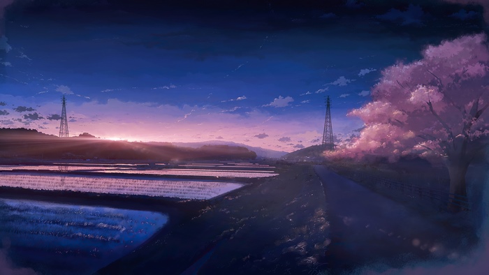 Tranquil Sunset Landscape with Cherry Blossoms