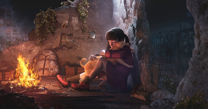 Girl hugging a dog by a campfire in ruins