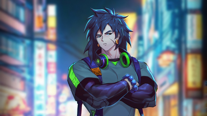 Anime man with headphones and backpack