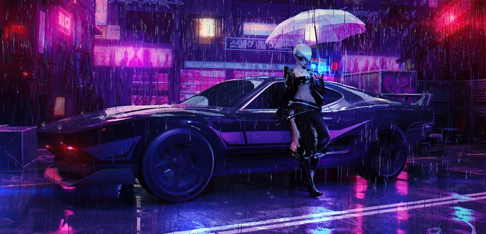 Cyberpunk woman with umbrella and futuristic car in rain