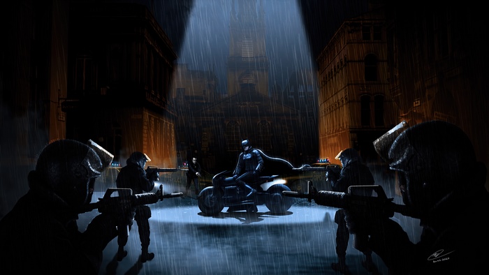 The Batman on a motorcycle surrounded by police in the rain