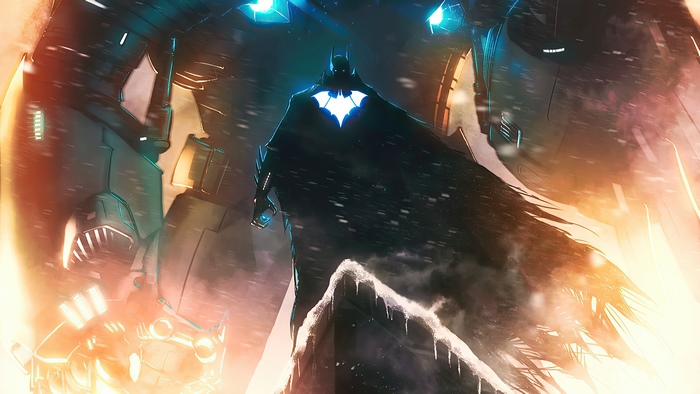 Batman with glowing bat symbol and mechs