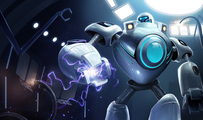 Robot in a laboratory with electrical sparks