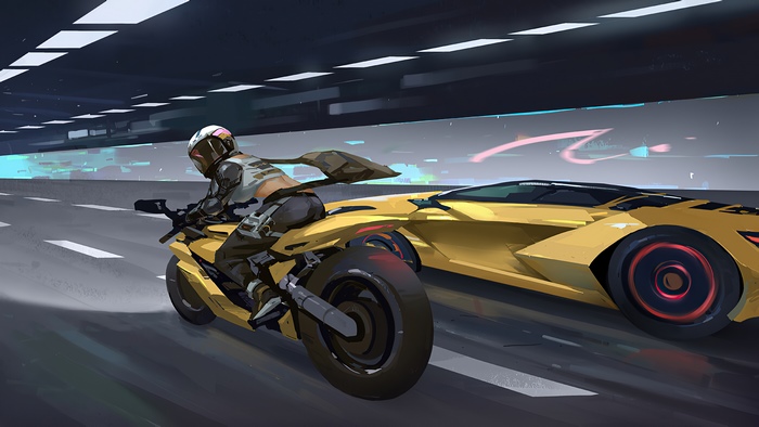 Cyberpunk motorcycle race with a yellow sports car