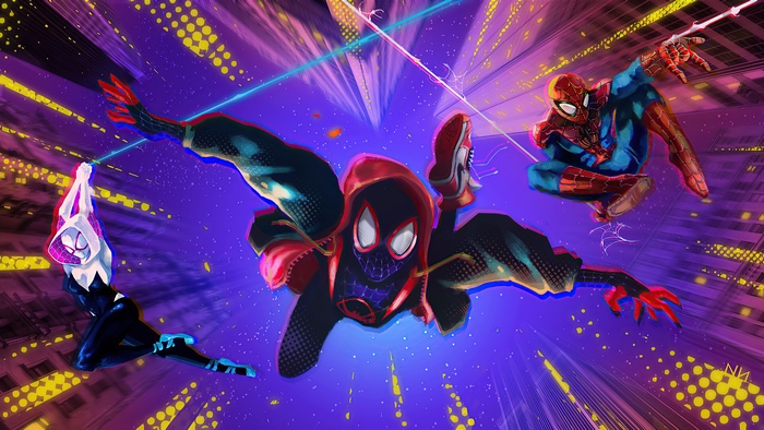 Spider-Man, Spider-Gwen, and Miles Morales in action