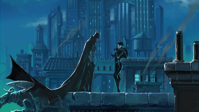 Batman and Catwoman on a rooftop in Gotham City
