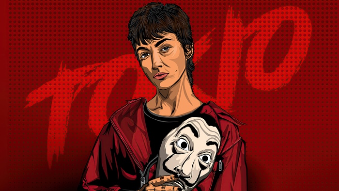 Tokyo from Money Heist holding a Salvador Dalí mask