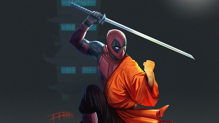 Deadpool in monk's robes with a katana