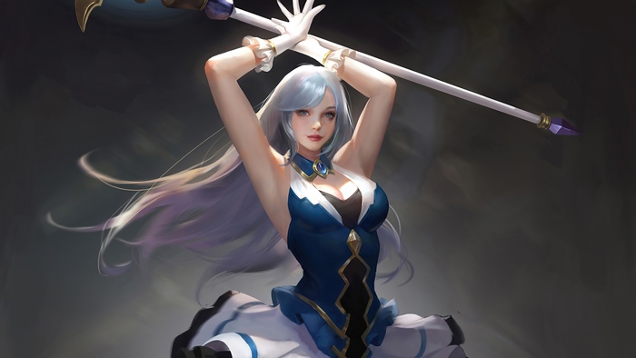 Artwork of a woman with white hair holding a staff