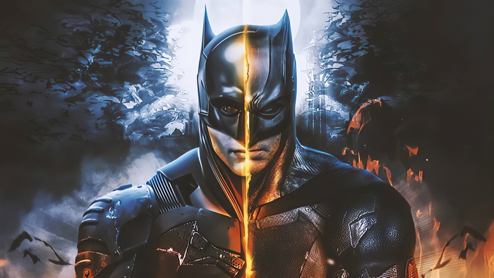 Batman split in half with fire and bats