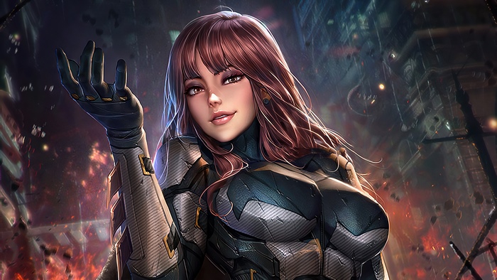 Artwork of a woman in futuristic armor