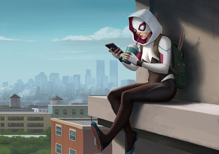 Spider-Gwen from Marvel sitting on a rooftop with a phone and drink