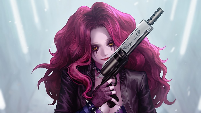 Woman with pink hair holding a gun