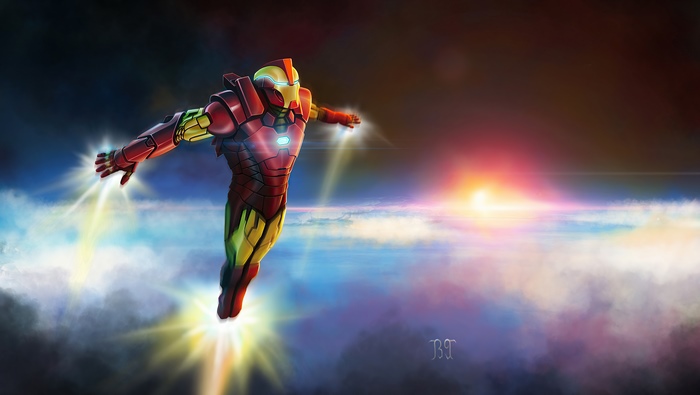 Iron Man flying during sunset