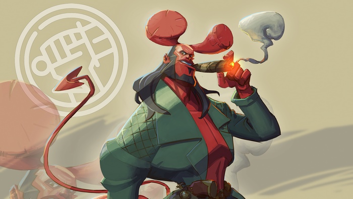 Hellboy smoking a cigar with a symbol behind him