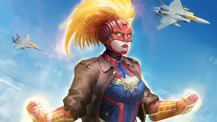 Captain Marvel from Marvel Comics with fighter jets