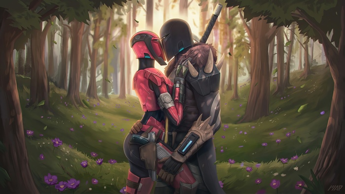 Mandalorian couple kissing in a forest