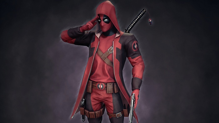 Deadpool in a red and black hooded jacket with swords