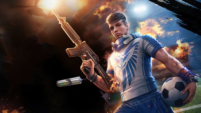 Garena Free Fire character with assault rifle and soccer ball