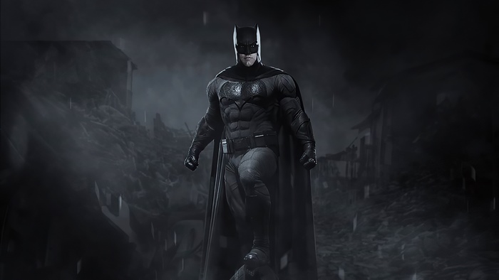 Batman artwork in a destroyed city