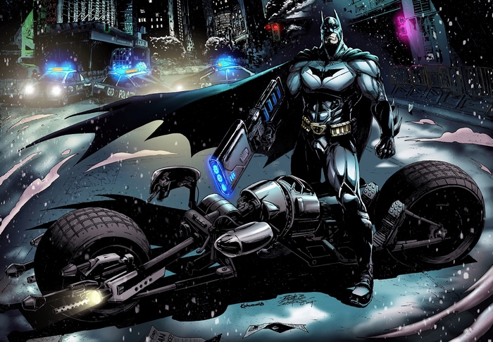 Batman with Batcycle in Gotham City