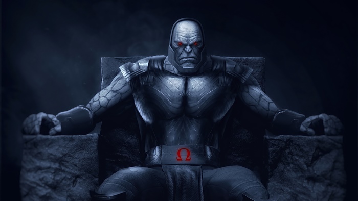 Darkseid sitting on a throne with Omega symbol