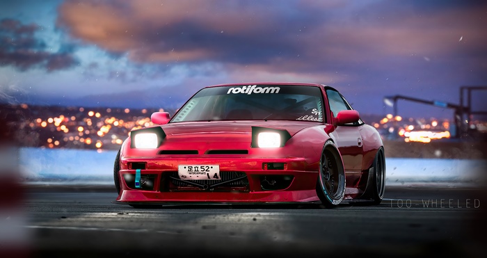 Red Nissan Silvia S13 with Rotiform banner
