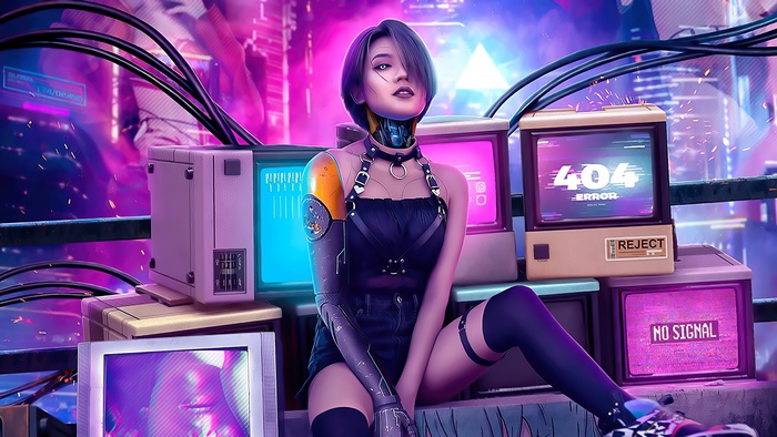 Cyberpunk woman with robotic arm and old monitors