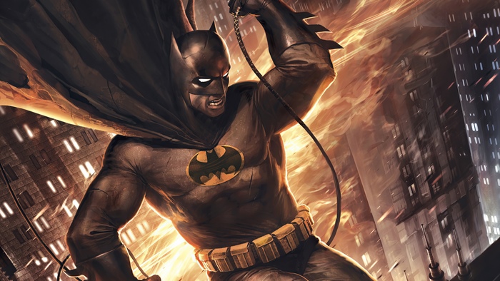 Batman in a dark city with fire