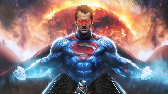 Superman with red eyes and glowing fists in front of a sun