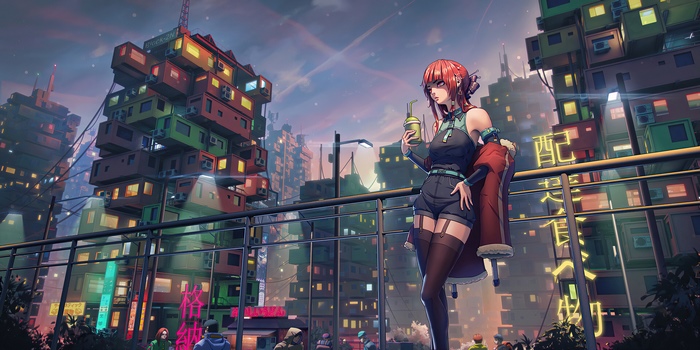 Anime girl with red hair holding a drink in a futuristic city