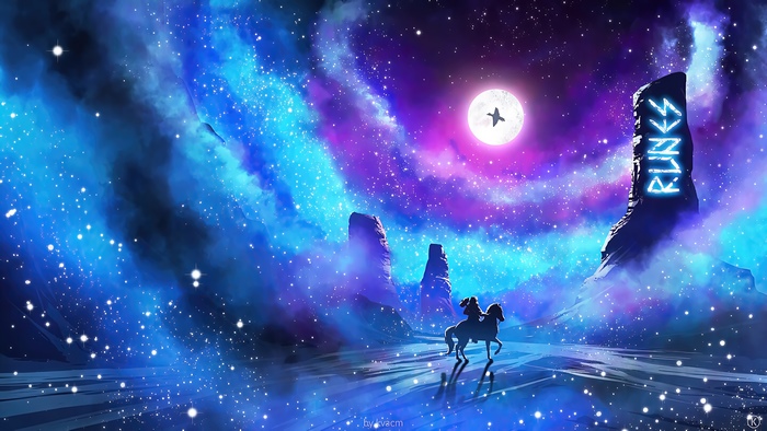 Fantasy digital art of a person on a horse in a nebula