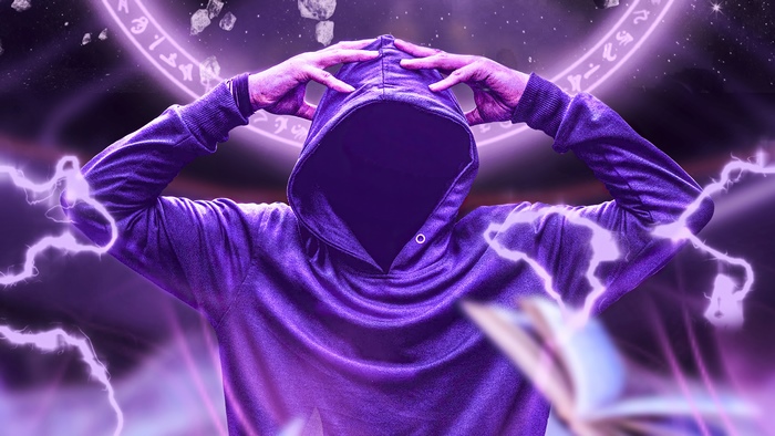 Hooded figure with purple lightning and magic circle