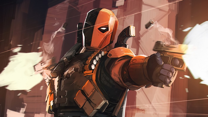 Deathstroke firing a gun in an urban environment