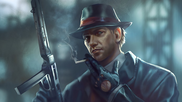 Man with tommy gun and cigarette