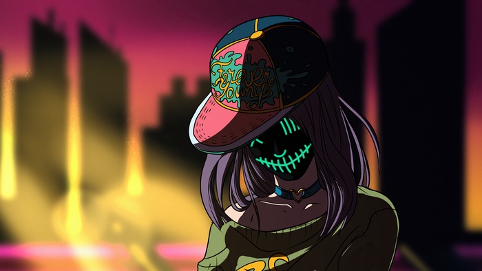 Anime girl with mask and cap in city