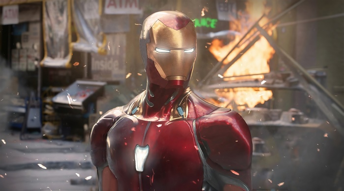 Iron Man in a burning city