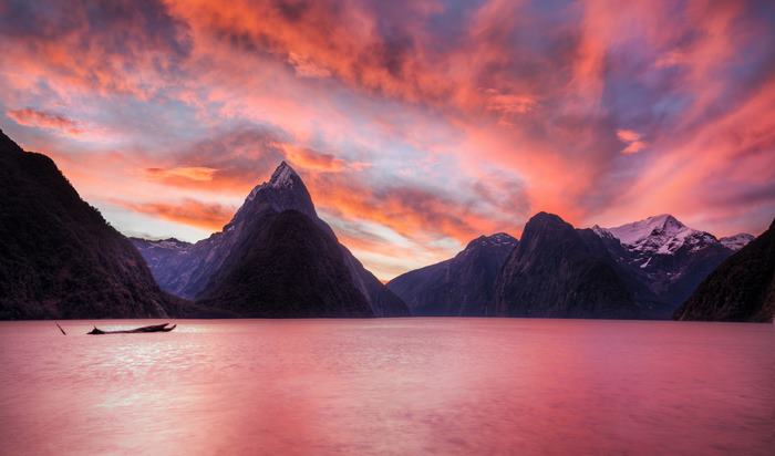 Milford Sound New Zealand Mountains at Sunset 4K