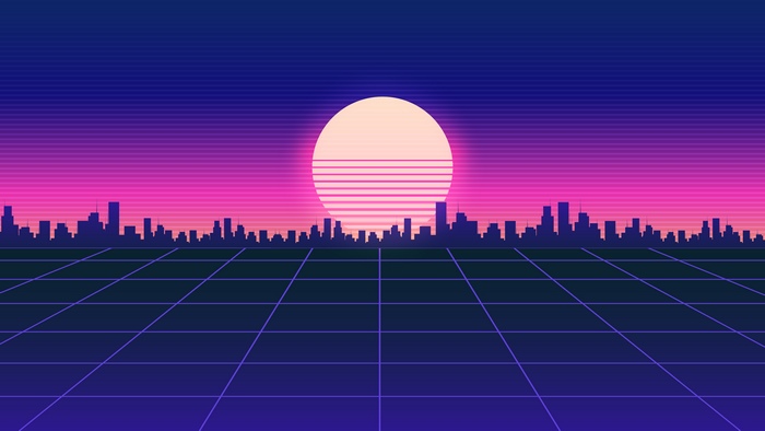 Retrowave cityscape with a large sun