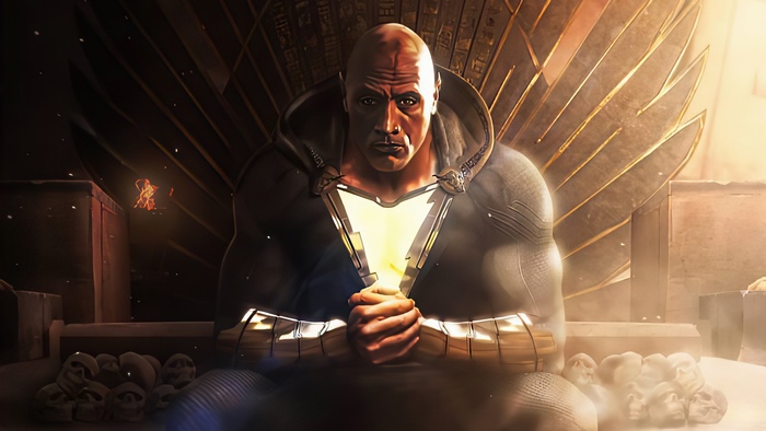 Black Adam sitting on a throne with skulls