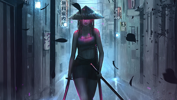 Samurai Warrior Woman in Neon Alley